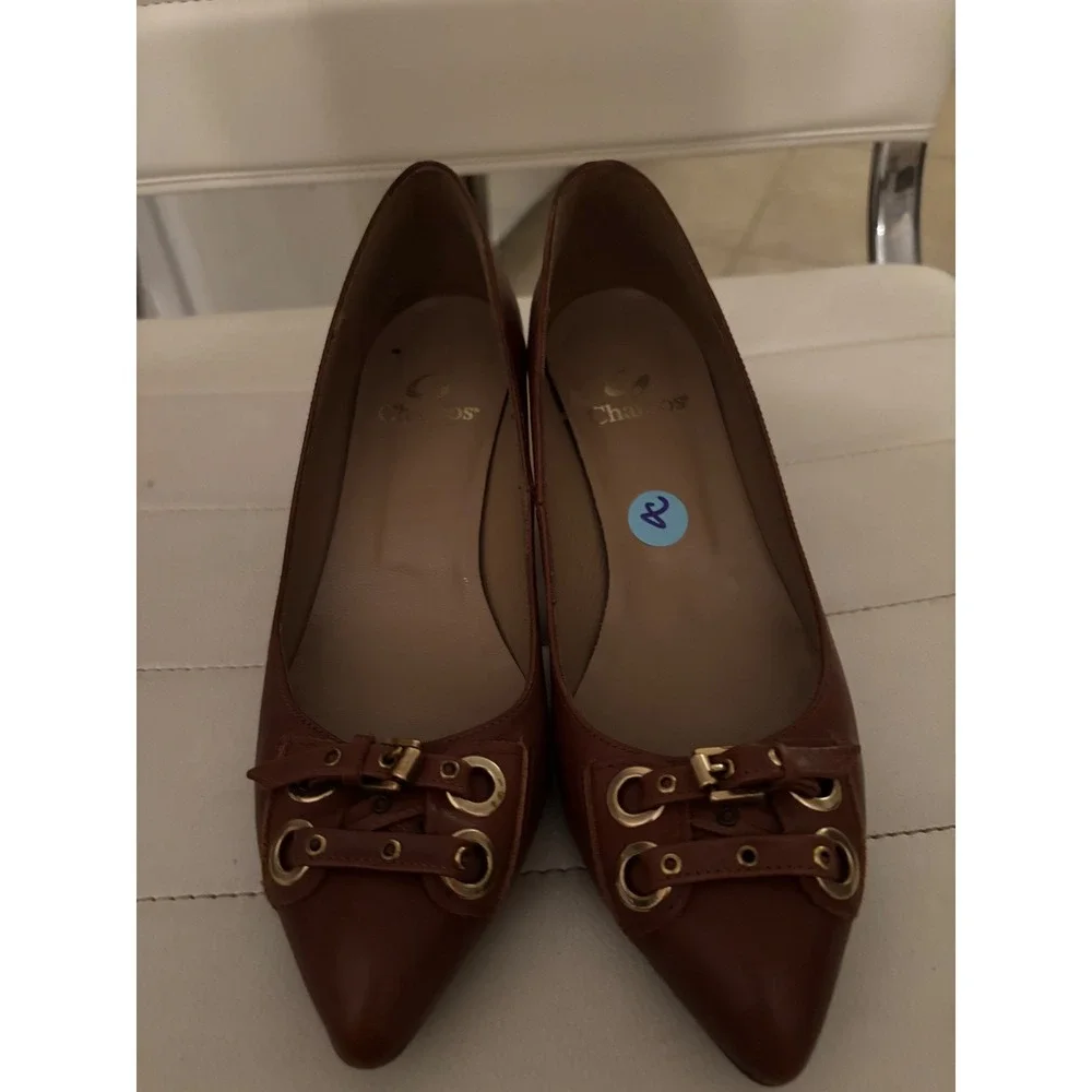 Charcos Brown Leather Kitten Heels Made in Spain Pointed‎ Toe Buckle Detail 38